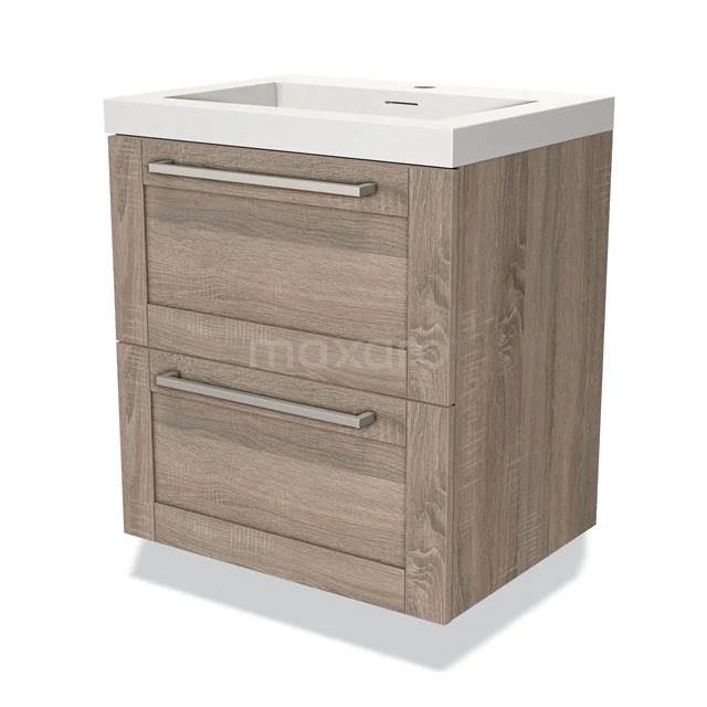 Houten badkamermeubel met twee lades, modern design, licht eiken uitstraling en geïntegreerde witte wastafel.