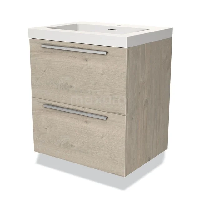 Houten badkamerkast met twee lades en witte wastafel, modern design, ideaal voor opbergruimte in de badkamer.