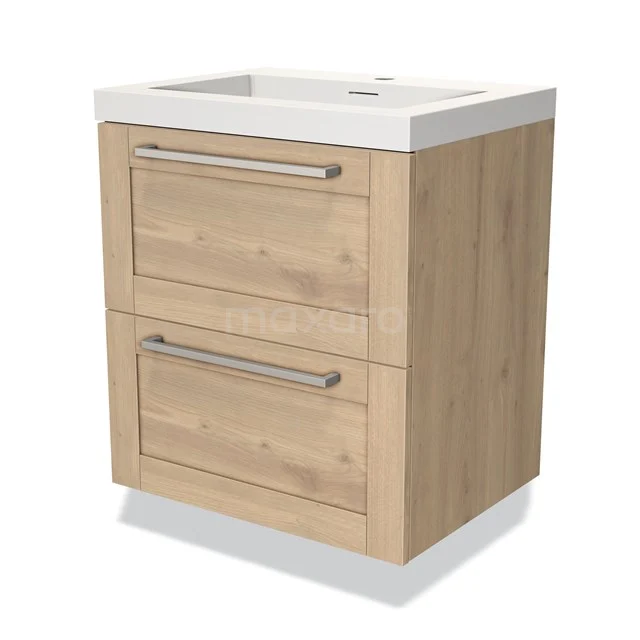 Houten badkamermeubel met twee lades en witte wastafel, modern design in eikenhoutlook, ideaal voor compacte badkamers.