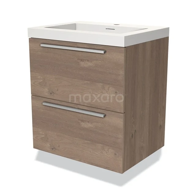 Houten badkamermeubel met twee lades en een witte wasbak, modern design, ideaal voor compacte badkamers.