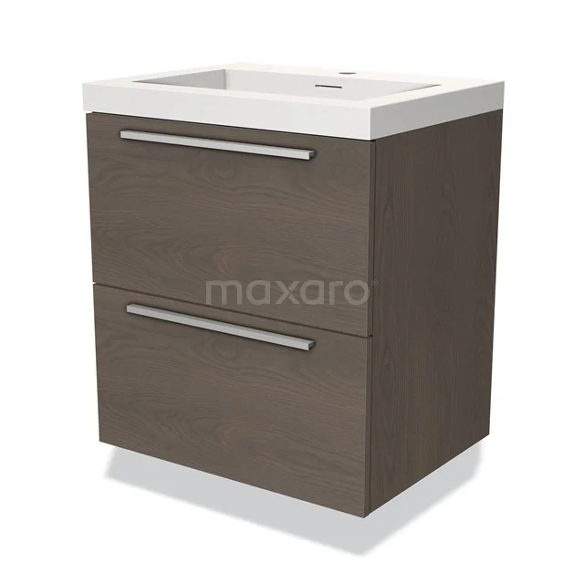 Moderne houten wastafelonderkast met twee lades, bruin eiken finish, ideaal voor stijlvolle badkameropbergruimte.