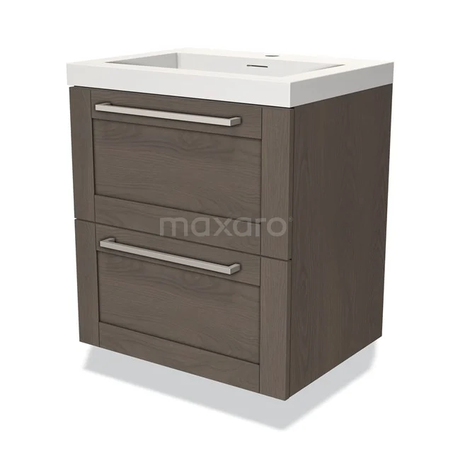 Compacte badkamermeubel in donker houtlook met twee lades en witte keramische wastafel, ideaal voor moderne badkamerinrichting.