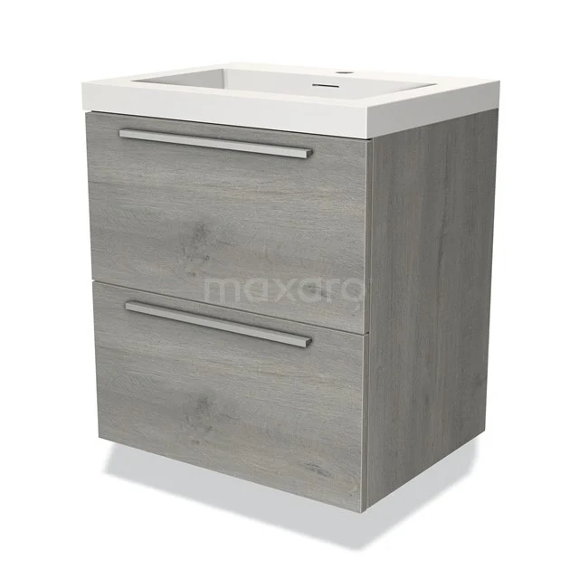 Houten badkamermeubel met twee lades en witte wastafel, modern design, ideaal voor stijlvolle en functionele badkamerruimte.
