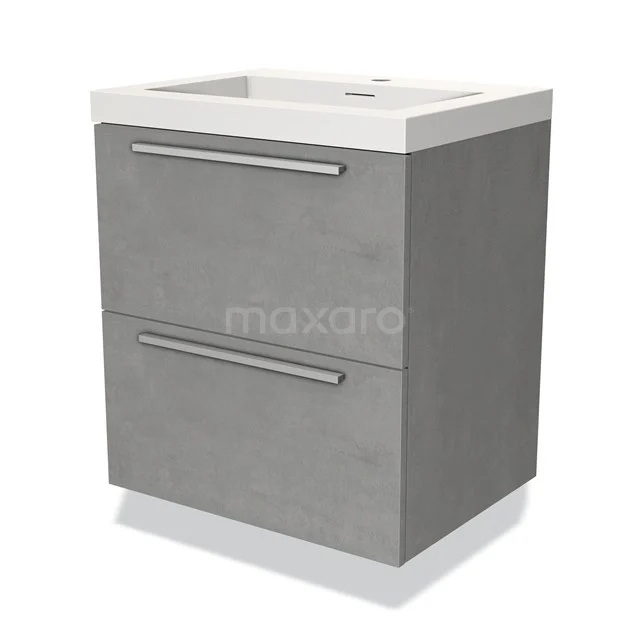 Grijze badkamerkast met twee lades, strakke metalen grepen en een witte wastafel; modern ontwerp en ruimtebesparend.