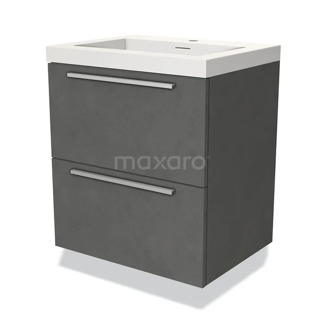 Grey bathroom furniture set with two drawers, modern look, white basin and sleek silver handles.