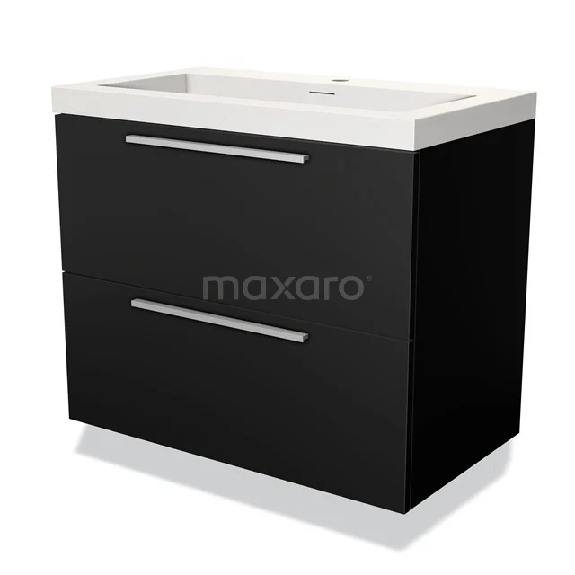 Zwarte badkamermeubel met twee laden, wit keramische wastafel en slanke handgrepen, moderne look voor stijlvolle badkamers.