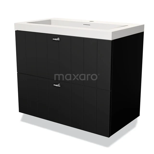 Zwarte badkamermeubelset met 2 lades, witte keramische wasbak, modern design, ideaal voor stijlvolle badkamerinrichting.