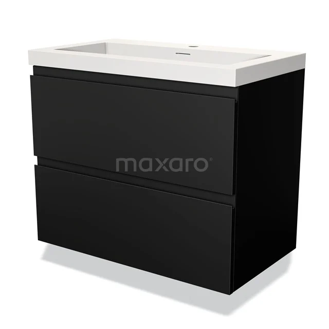 Zwarte badkamermeubelset met strakke kastlijnen en witte keramische wastafel, perfect voor een moderne badkamerinrichting.