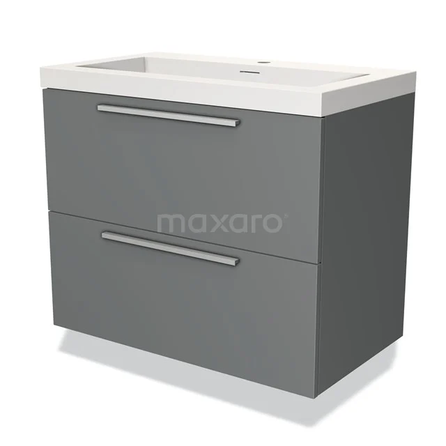 Grijze badkamerkast met twee lades, moderne aluminium handgrepen en een geïntegreerde witte wastafel.
