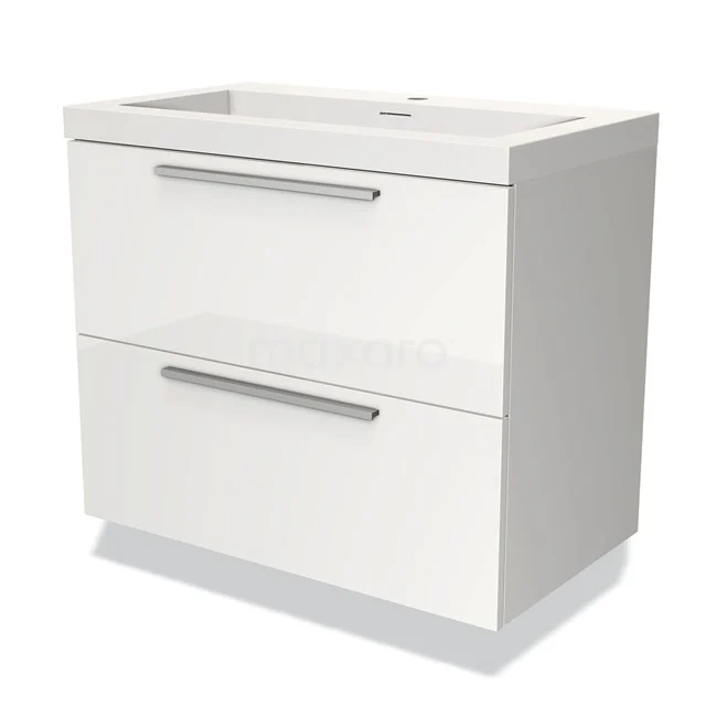 Witte badkamerkast met twee lades, strakke metalen handgrepen en modern design, ideaal voor opbergruimte in de badkamer.