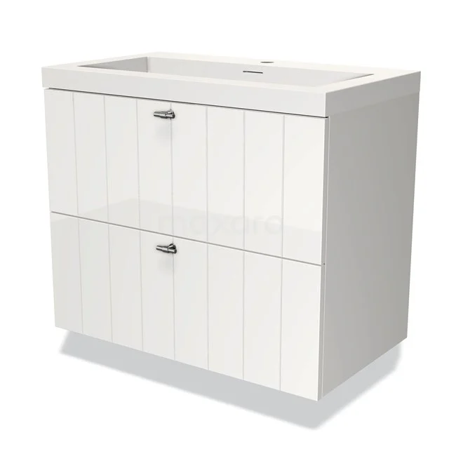 Witte houten badkamermeubel met twee lades, verticale groeven en chromen handgrepen, ideaal voor moderne badkamers.