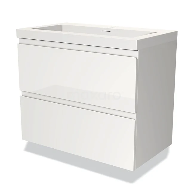 Wit badkamermeubel met dubbele ladekast, glanzende afwerking en keramische wastafel, ideaal voor moderne badkamers.