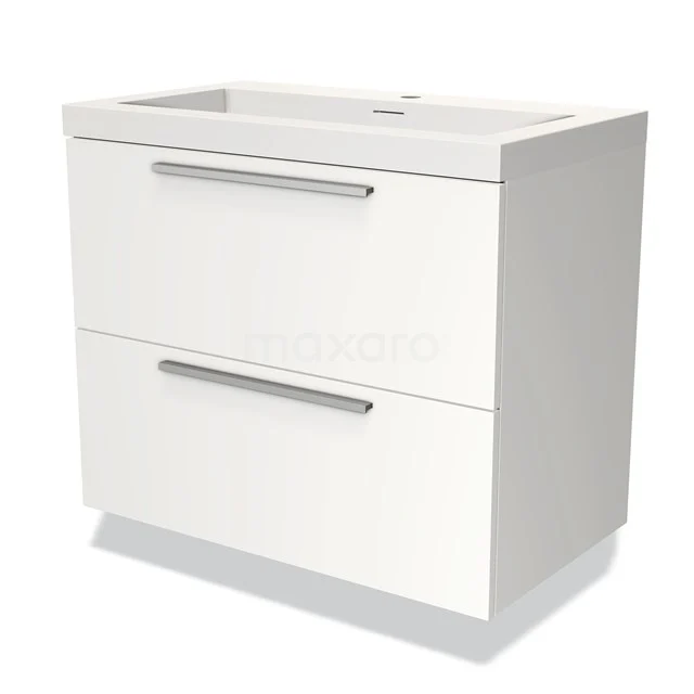 Wit badkamermeubel met twee lades, modern design, verchroomde handgrepen, geschikt als praktische opbergruimte in de badkamer.