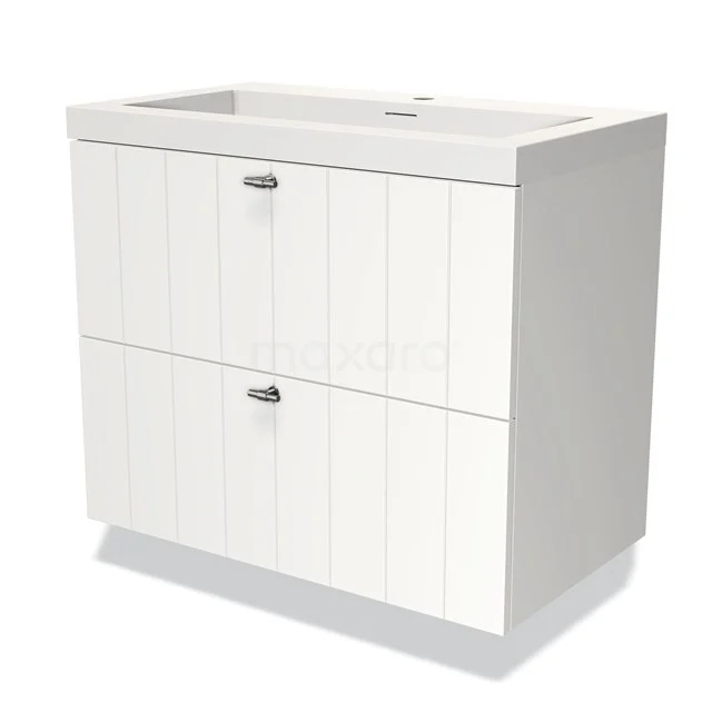White bathroom unit with two handleless drawers, modern design and subtle vertical lines, perfect for any bathroom style.