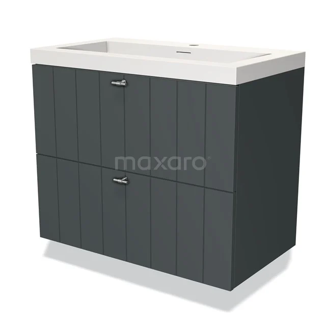 Grey bathroom cabinet with two drawers and white basin, modern design, ideal for stylish storage space in the bathroom.