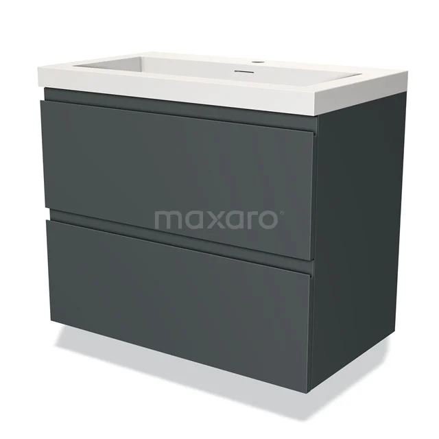 Donkergrijze houten badkamermeubel met twee lades en een witte wastafel, modern design uit de LuxeLine-serie.