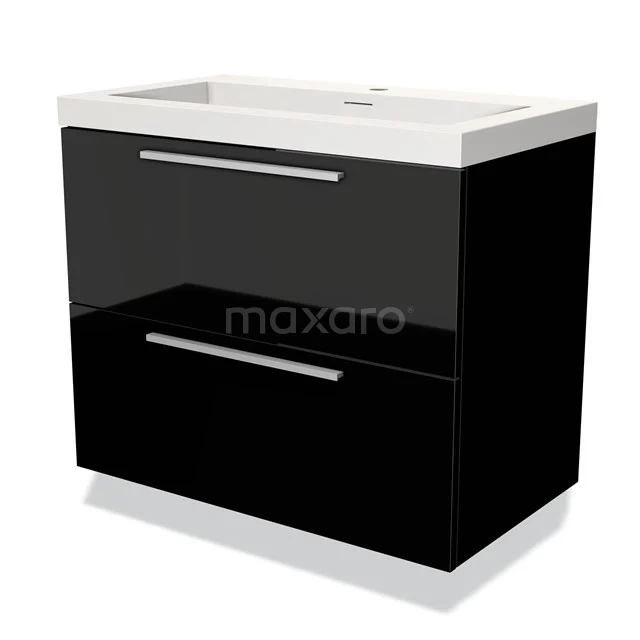 Zwarte badkamerkast met glanzende fronten, twee lades en keramische wastafel; modern ontwerp voor stijlvolle badkamers.