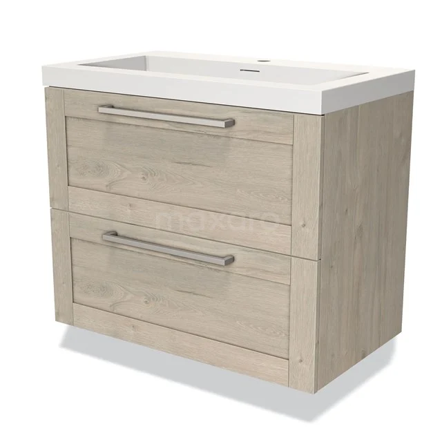 Houten badkamermeubel met 2 lades, witte wastafel en metalen handgrepen, modern design, ideaal voor stijlvolle badkamers.