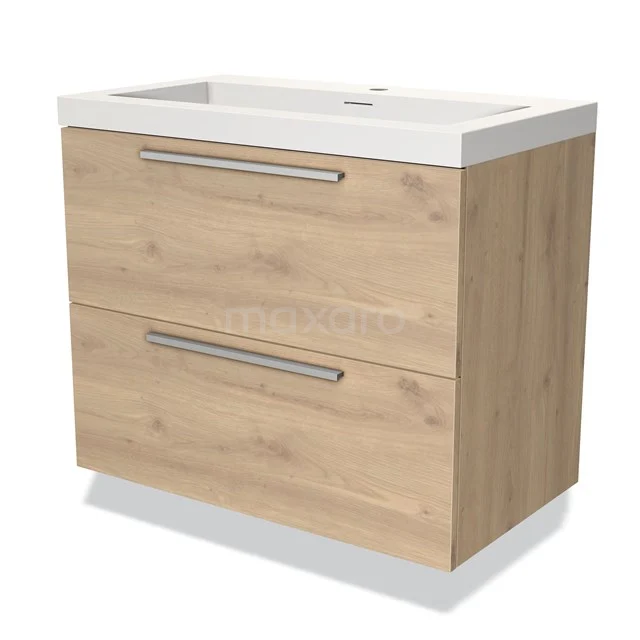 Houten badkamermeubel met twee softclose lades, witte keramische wastafel en modern ontwerp. Perfect voor een stijlvolle badkamer.