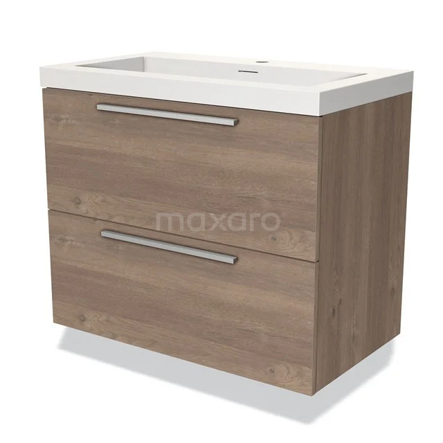 Wooden Bathroom unit with two wide drawers, light oak finish and white ceramic basin, modern design for any bathroom.
