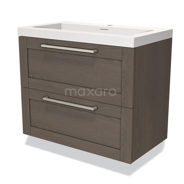 Modulo Waschtische | 80 cm Dunkelbraune Eiche Rahmen front Solid Surface 2 übereinanderliegende Schubladen BMW17-03239 Moderne Badmöbelset mit zwei Schubladen, Haltegriffen und keramischem Waschbecken, ausgeführt in dunkler Holzoptik.