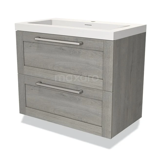 Grijs eiken badkamermeubel met twee lades en ingebouwde witte wastafel, modern design en praktische opbergruimte voor de badkamer.