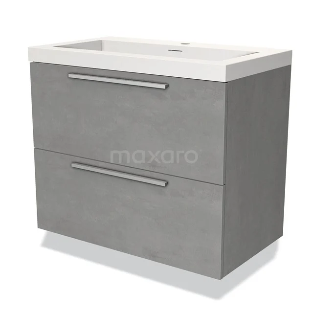 Graue Badmöbelset mit zwei Schubladen, Betonlook-Oberfläche und einem weißen Waschbecken, ideal für modernen Badezimmerstil.