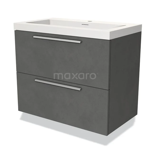Donkergrijze badkamermeubelset met twee lades, een witte wastafel en strakke metalen handgrepen, modern design.