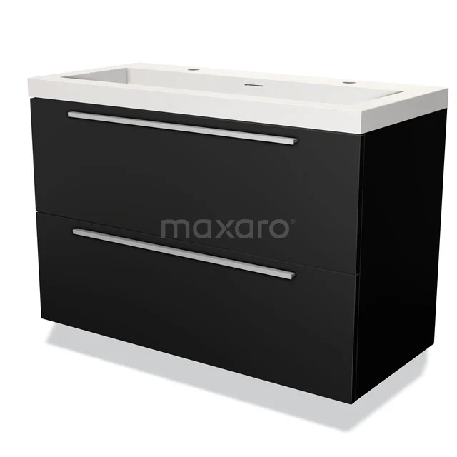 Zwarte badkamerkast met twee lades, witte wastafel en strak design, perfect voor moderne badkamers.