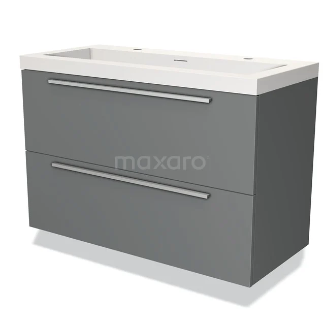 Grijze badkamermeubel met dubbele lades, strak design en witte wastafel, ideaal voor moderne badkamers.