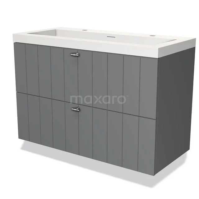 Grijze badkamermeubelset met twee lades en witte wastafel, gemaakt van hout met verticale lijnen voor een moderne uitstraling.