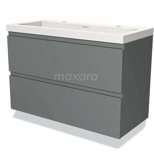 Grijze zwevende badkamermeubelset met twee lades en witte wastafel, modern design, ideaal voor een stijlvolle badkamer.
