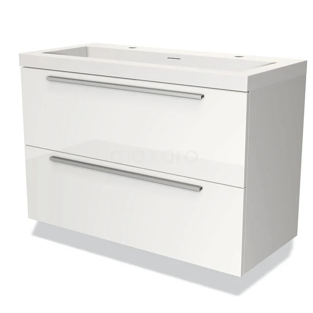Witte badkamerkast met hoogglans afwerking, twee lades en chromen handgrepen, ideaal voor moderne badkamerinrichting.