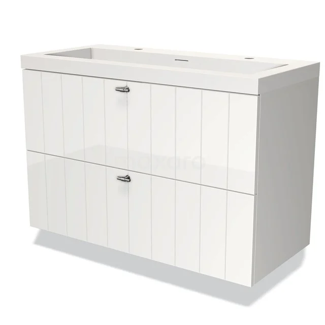 Wit hangend badkamermeubel met twee lades, verticale panelen en een modern wastafelblad, ideaal voor stijlvolle badkamers.