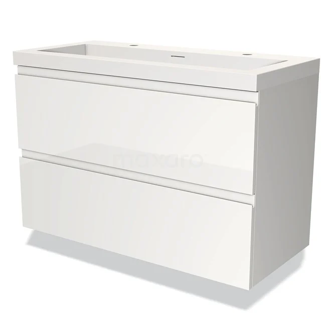 Witte badkamermeubelset met twee lades, strak design in hoogglans afwerking, ideaal voor moderne badkamerinterieurs.