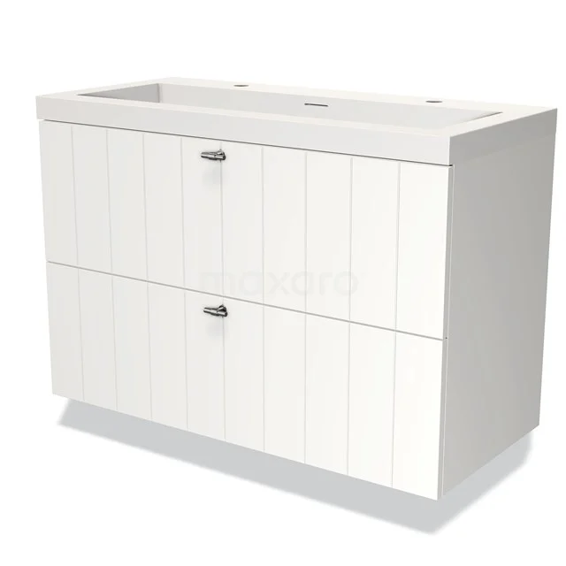 Weißes Badezimmermöbel mit zwei Schubladen, Holzoptik-Finish und chromfarbenen Griffen, ideal für moderne Bäder.