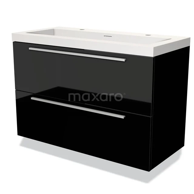 Zwarte hoogglans badkamermeubel met twee lades, wit keramische wastafel en strak design voor moderne badkamers.