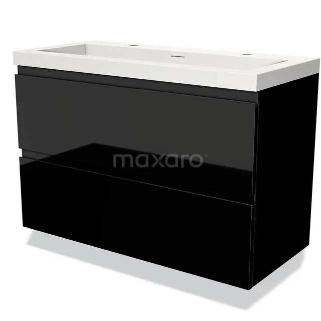 Zwarte badkamermeubel met glanzende afwerking, twee lades en witte wastafel; modern design en hoogwaardige materialen.