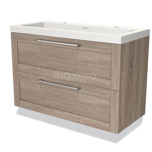 Houten badkamermeubel met twee lades, beige eikenlook, inclusief witte wastafel. Perfect voor een moderne badkamerstijl.