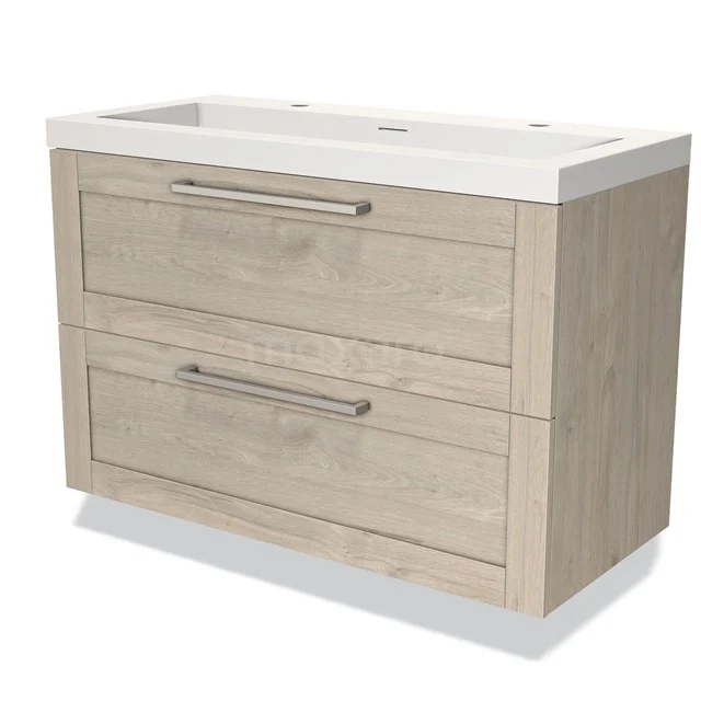 Houten badkamermeubel met twee lades en witte wastafel, modern design in licht eiken uitvoering.