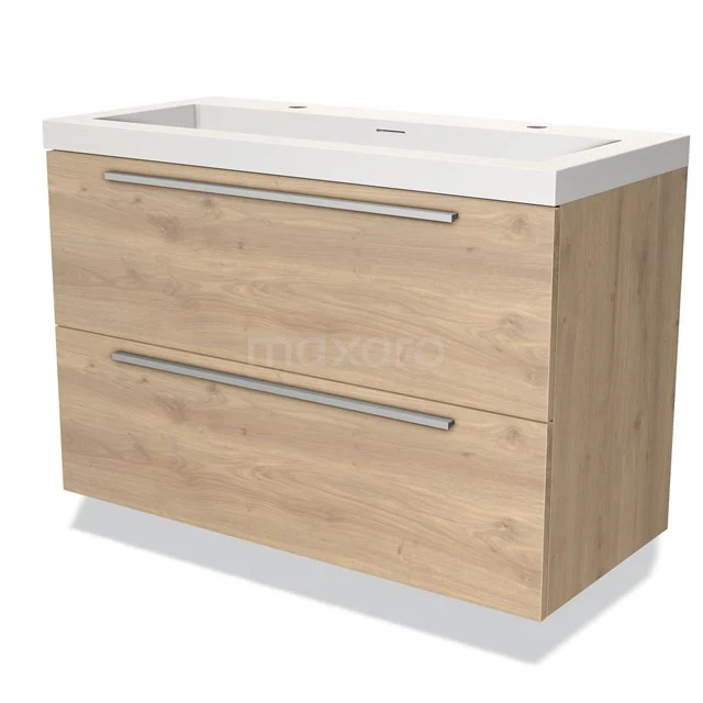 Holz Badezimmermöbel mit zwei Schubladen, integriertem Waschbecken und schlankem Design. Perfekt für moderne Badezimmergestaltung.