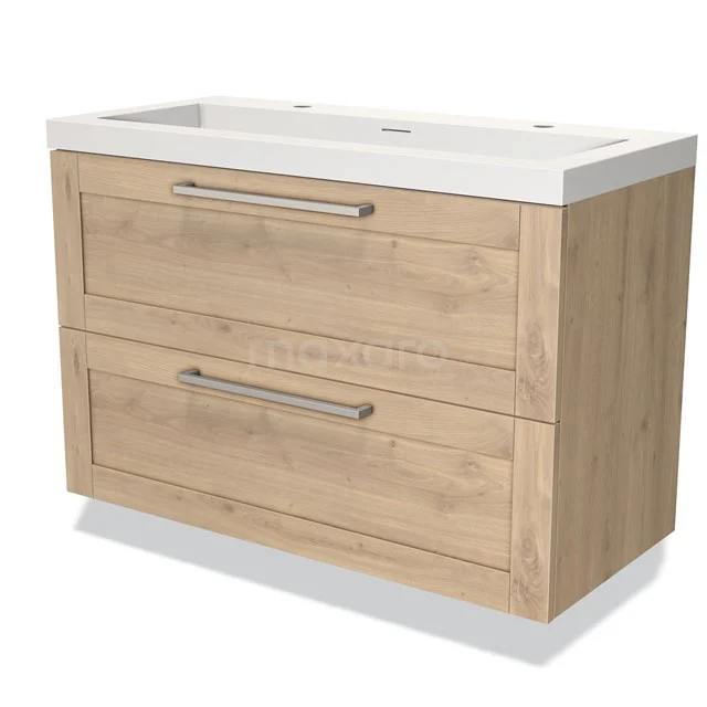 Modulo Bathroom furniture with sink | 100 cm Light brown oak Bordered front Solid surface 2 Stacked drawers BMW17-03267 Wooden bathroom unit with two drawers, oak look, ceramic vanity units with basin and metal handles, modern and practical design.