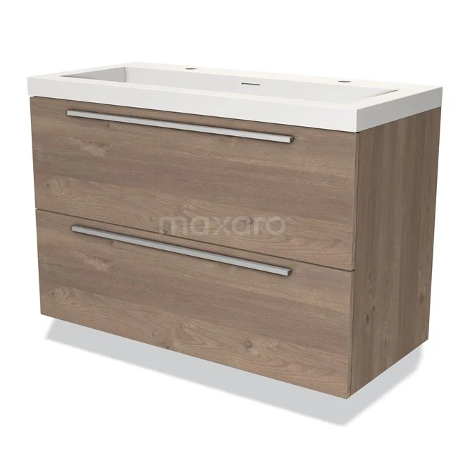 Modulo Bathroom furniture with sink | 100 cm Mid brown oak Flat front Solid surface 2 Stacked drawers BMW17-03268 Wooden bathroom unit with two drawers, modern handles and white vanity units with basin, perfect for stylish bathroom design.