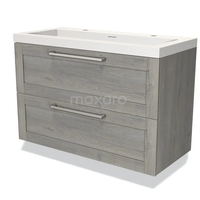 Grijze houten badkamermeubel met twee lades, metalen handgrepen en een witte keramische wastafel.