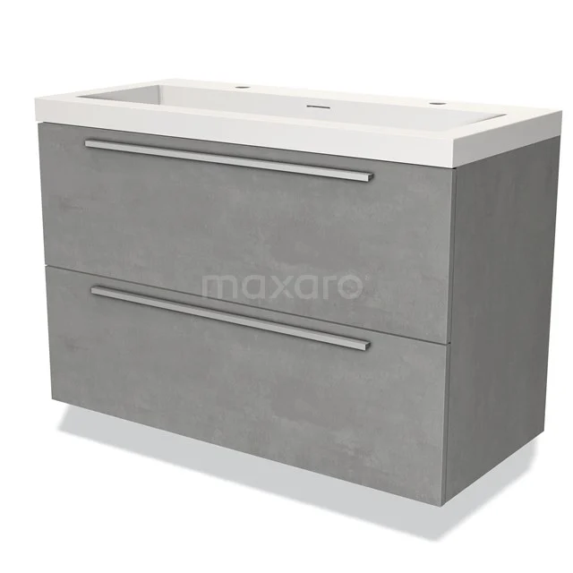 Grijze badmeubelset met dubbele lades, betonlook afwerking en geïntegreerde wastafel, ideaal voor moderne badkamers.