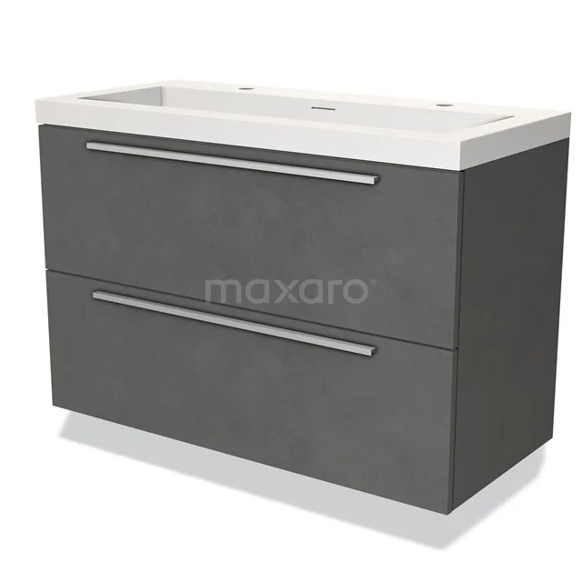 Grey vanity set with double drawers, matte finish and white basin, ideal for modern bathroom design.