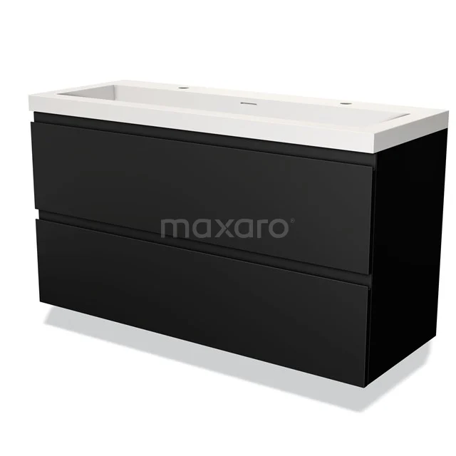 Black rectangular vanity unit with two drawers, white ceramic top, modern design for stylish bathroom design.