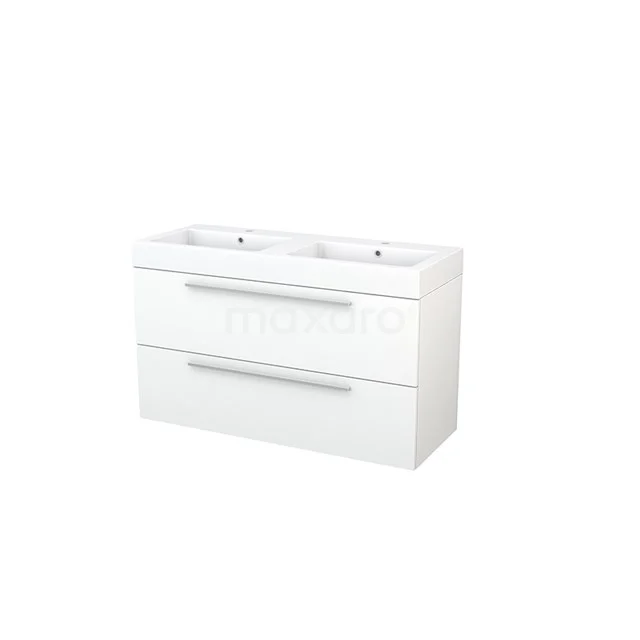 White bathroom furniture set with double basin, soft-close drawers and sleek handles, perfect for modern bathrooms.