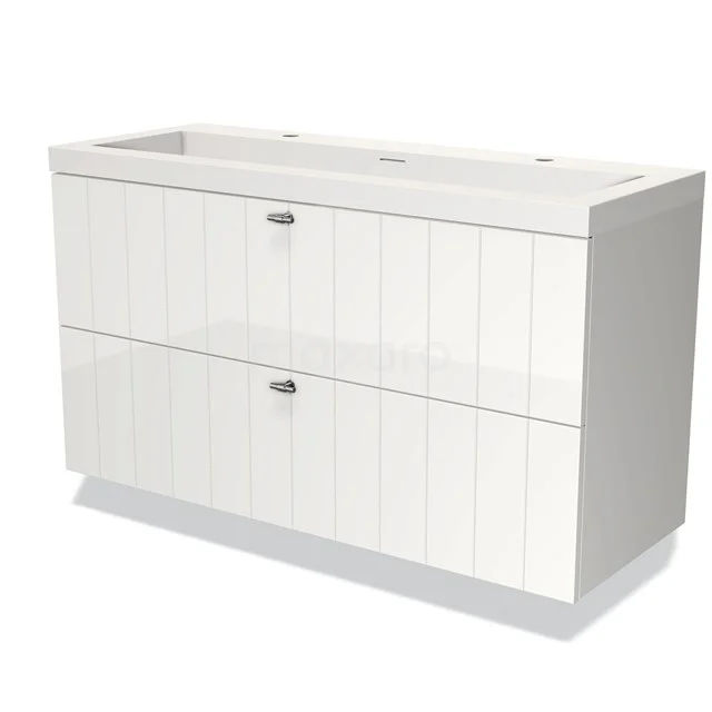 Weißes, glänzendes Badezimmermöbel mit zwei Softclose-Schubladen, modernes Design und großzügigen Stauraummöglichkeiten.