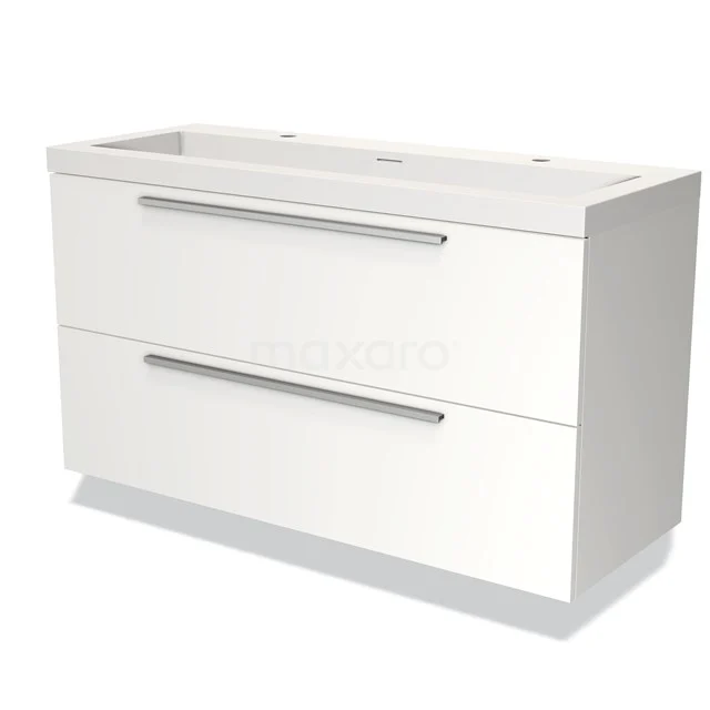 Witte badkamermeubelset met twee lades, slank metalen handgrepen, en een modern ontwerp, perfect voor elke badkamerstijl.